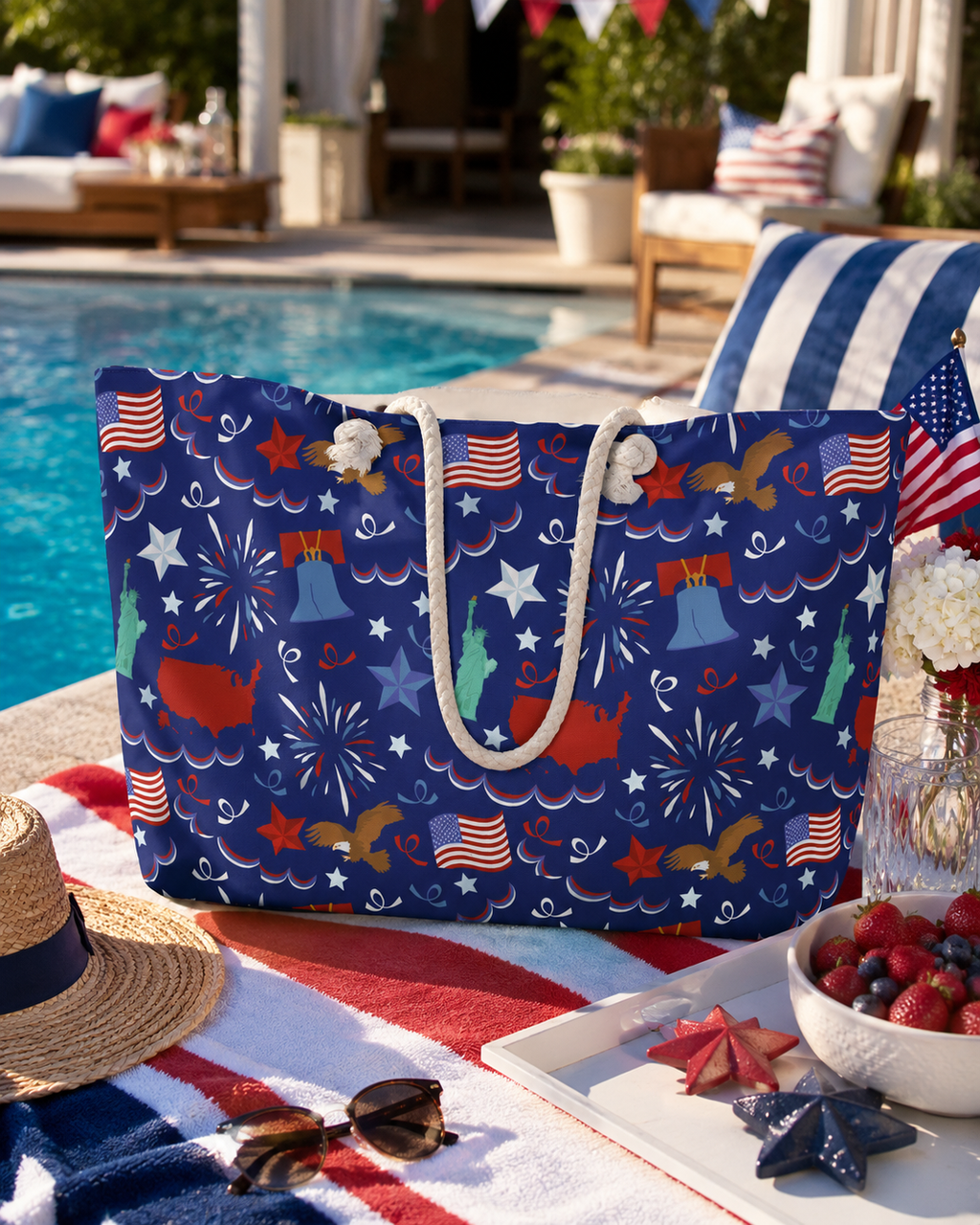 Blue tote bag with a custom printed patriotic design by a poolside setting