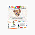 Philanthropy book for children with 2 sample pages on a white background