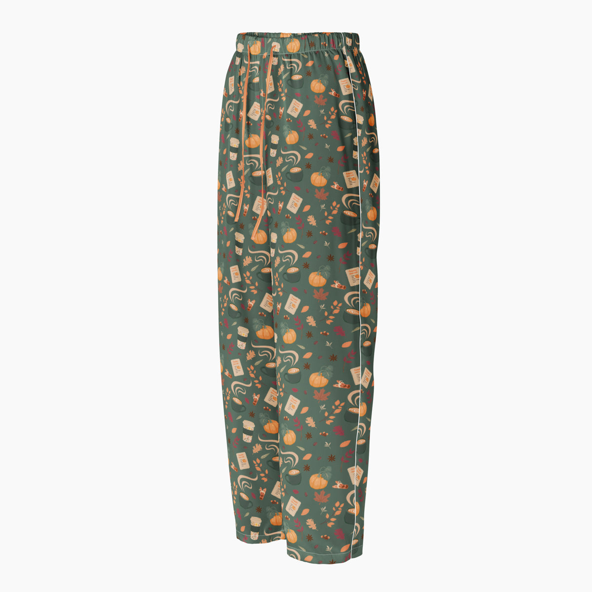 A pair of drawstring pajama bottoms in a dark green base with a dense, colorful pumpkin spice-themed print featuring pumpkins, leaves, leaves, and other fall motifs, shown against a plain light grey background.