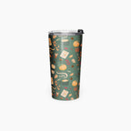 A tall insulated travel tumbler with a clear lid and black flip cao, decorated with an autumn pattern of pumpkins, leaves, coffee cups, and fall leaves on a dark green background.