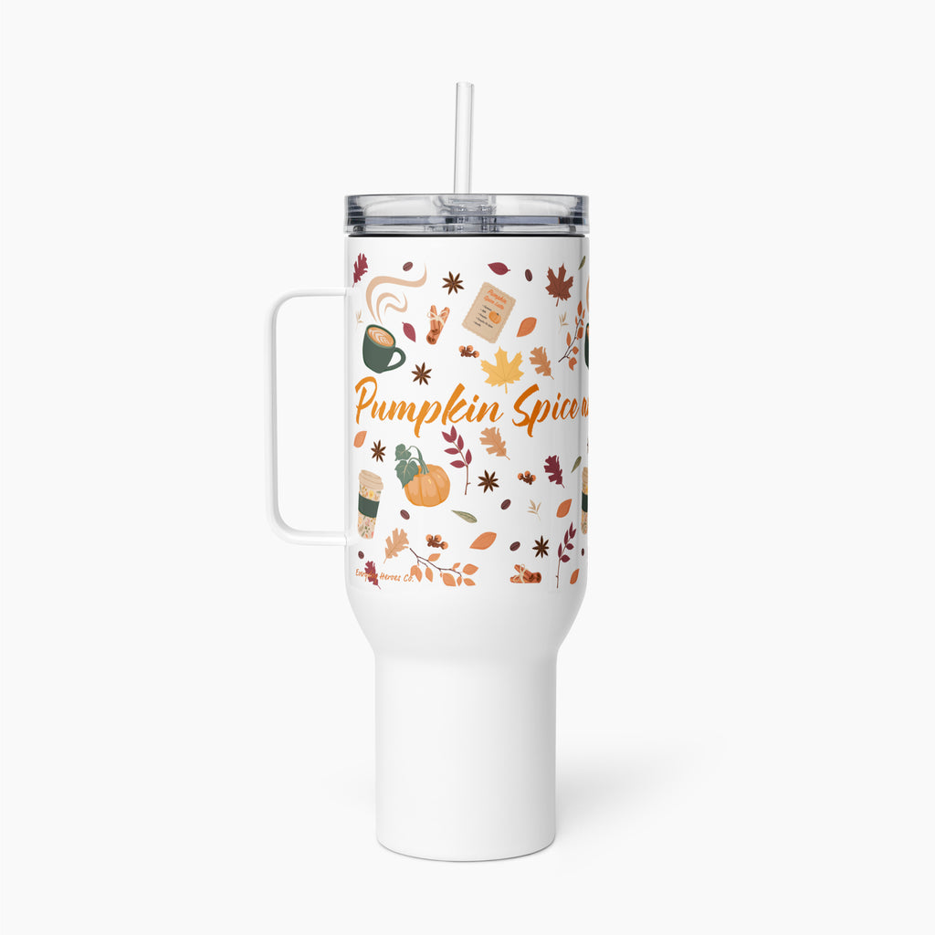 A white insulated tumbler with a clear lid and straw, featuring a pumpkin spice-themed print with autumn leaves, coffee cups, and the text 'Pumpkin Spice and Everything Nice' in orange script.