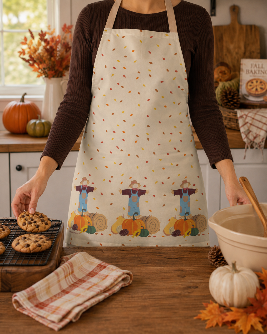 A person wearing a cream-colored apron with a fall harvest pattern of scarecrows, pumpkins, and colorful leaves, standing in a cozy kitchen setting.