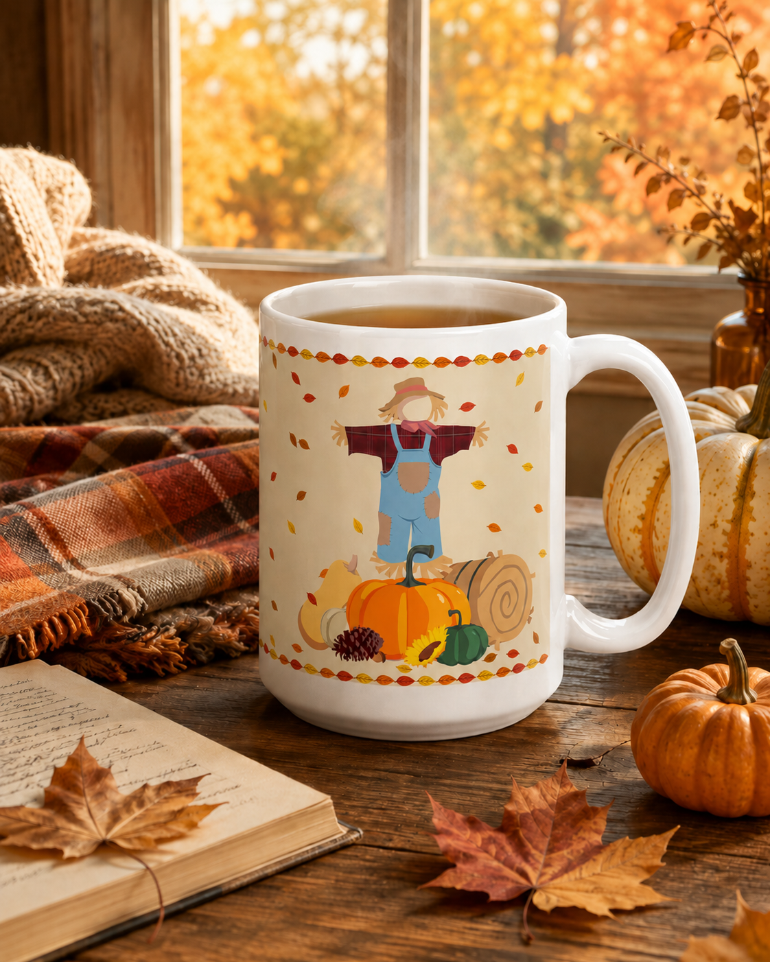 A white ceramic mug with a fall harvest illustration of a scarecrow, pumpkins, and leaves, set on a wooden table surrounded by autumn props like a plaid blanket, open book, and pumpkins near a window.