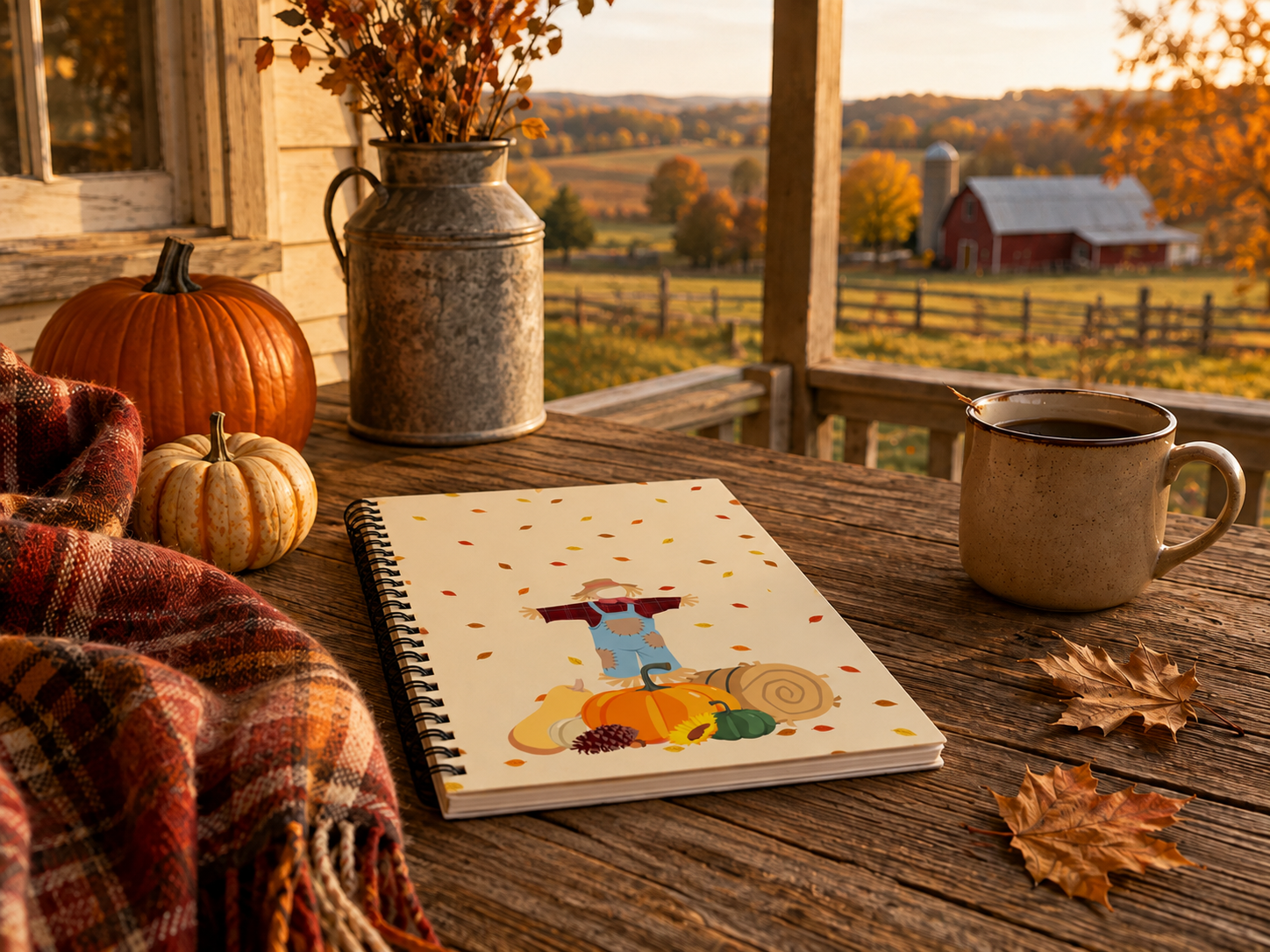 A spiral-bound notebook with a fall harvest illustration sits on a rustic wooden porch table, surrounded by pumpkins, a plaid blanket, a metal pitcher with dried flowers, and a mug, with a scenic farm landscape in the background at sunset.