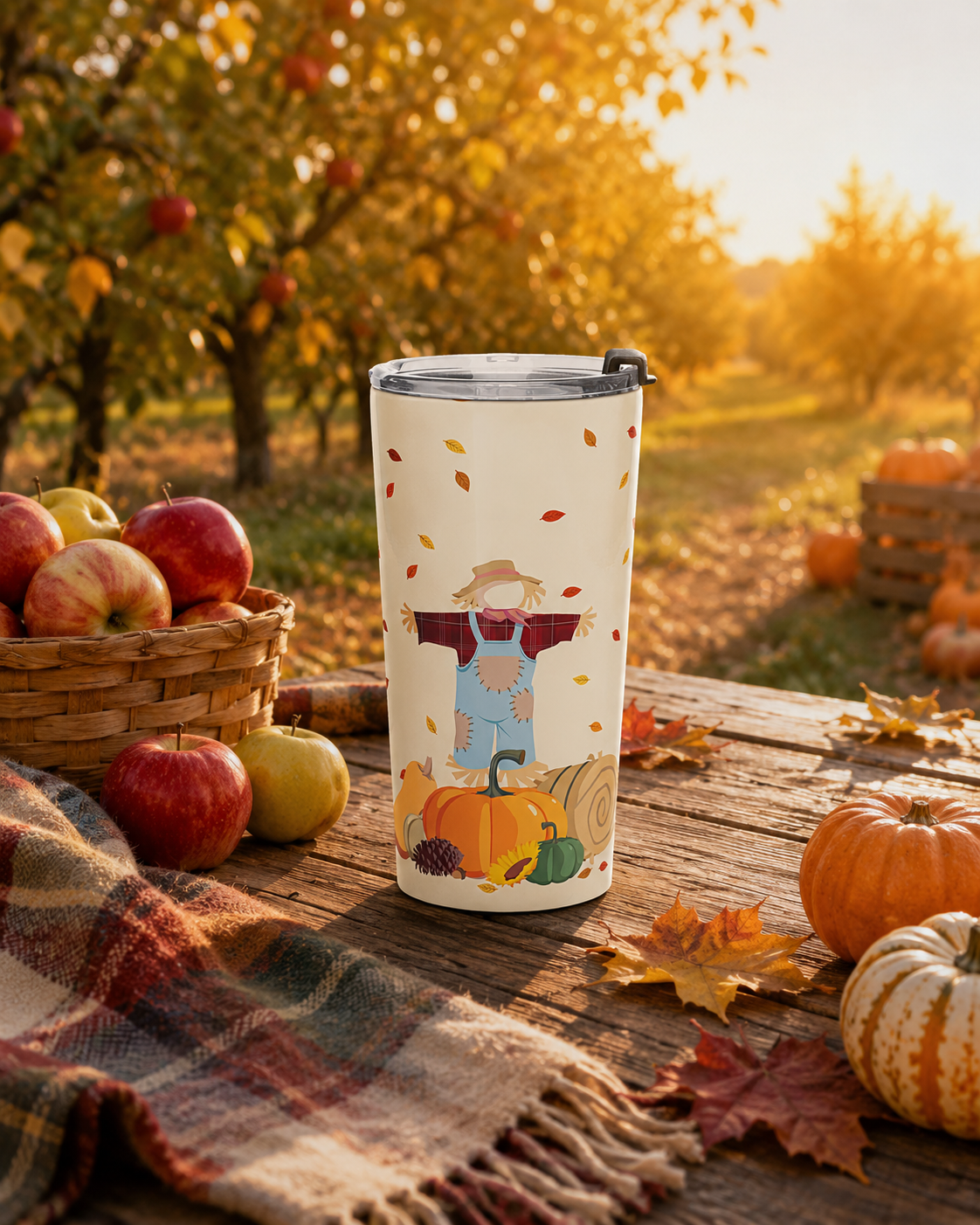 A tall insulated tumbler with a lid stands on a wooden table outdoors in an autumn orchard setting. The tumbler has a cream background with a printed scarecrow, pumpkins, and scattered fall leaves.