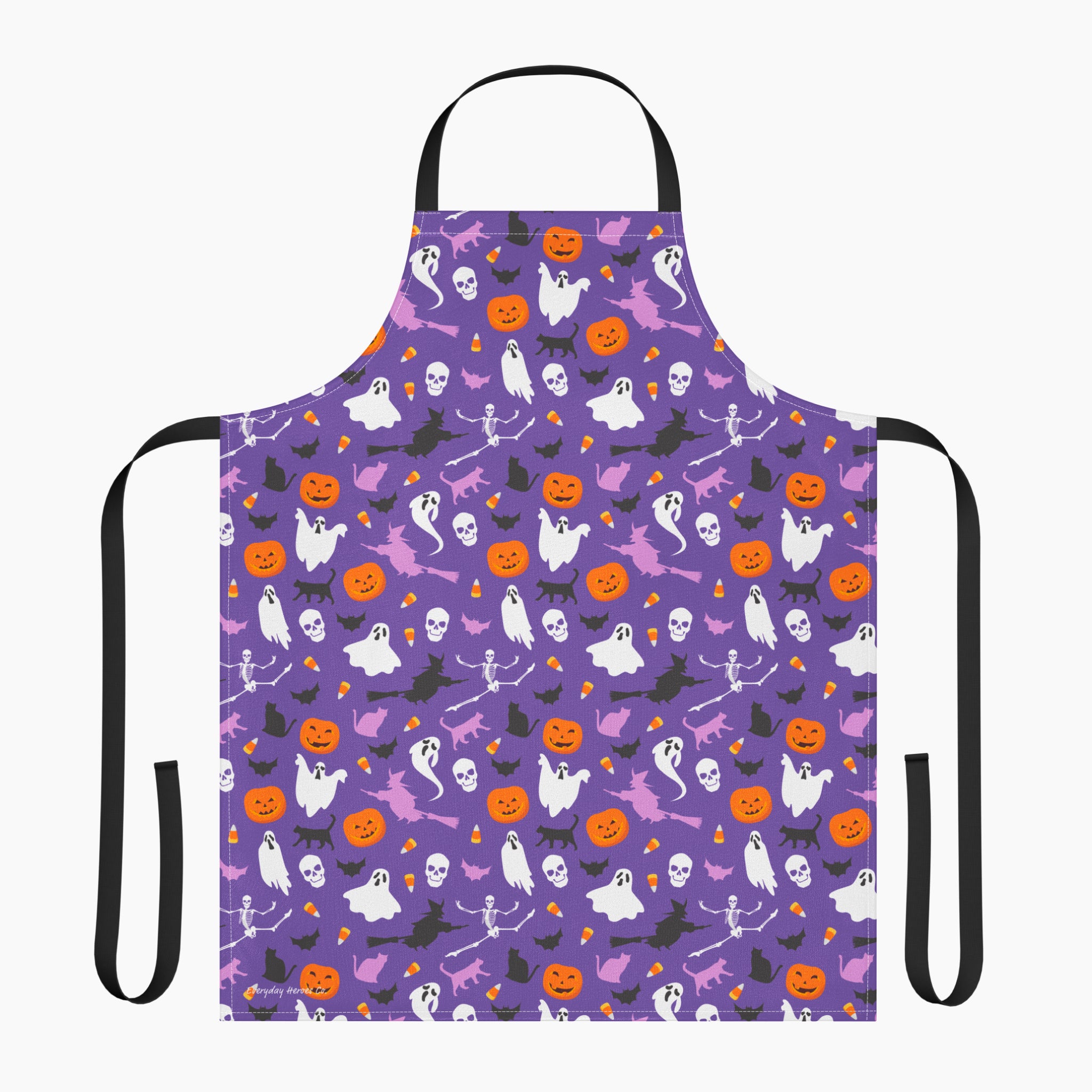 A purple apron with a black neck loop and waist ties, featuring an all-over Halloween pattern of orange pumpkins, white ghosts, black cats, and witches on a light gray background.