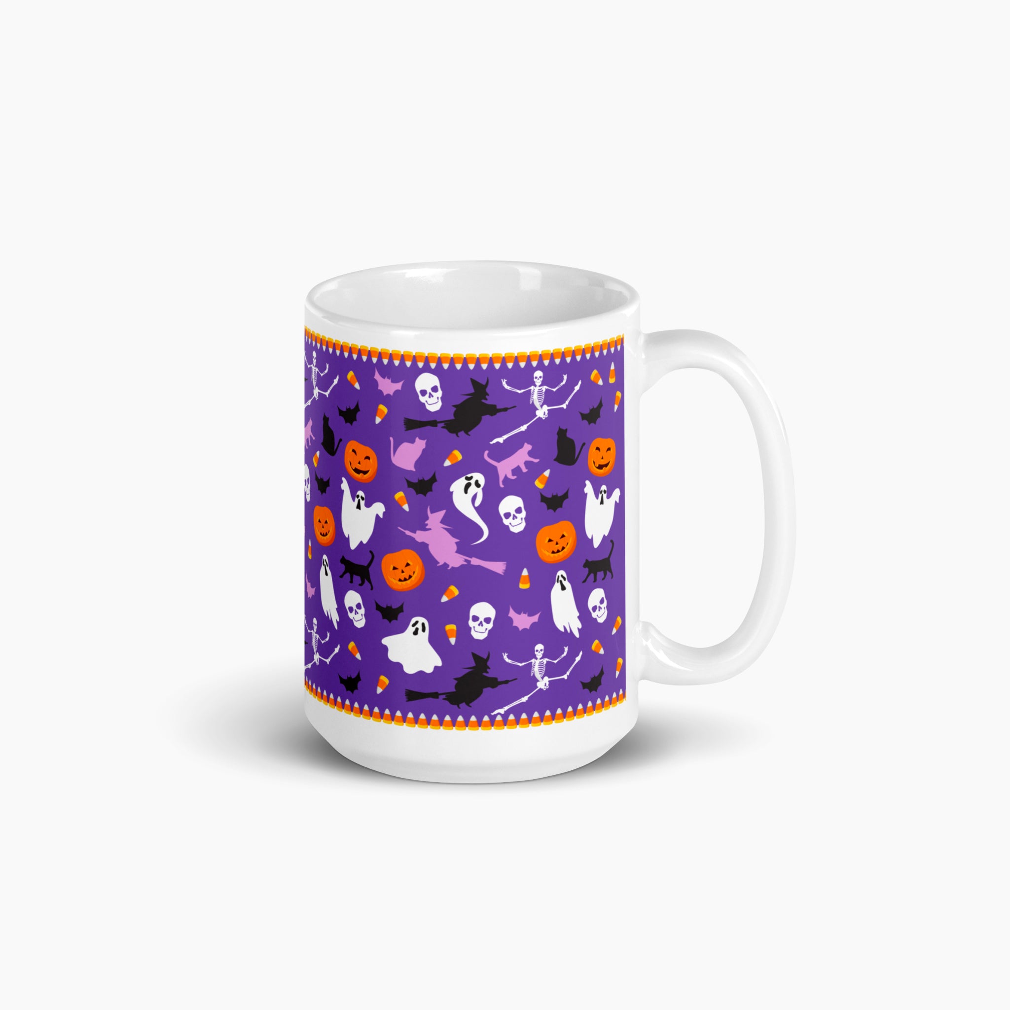 A white ceramic mug with a purple Halloween-themed pattern featuring ghosts, pumpkins, bats, witches, and skeletons, shown on a light gray background.