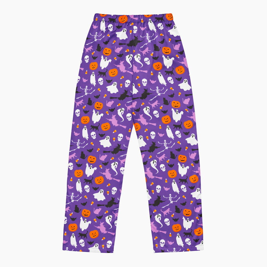 Back of purple Halloween-themed pajama pants with an all-over print of white ghosts, orange pumpkins, black bats, and purple witch, shown flat against a light gray background.
