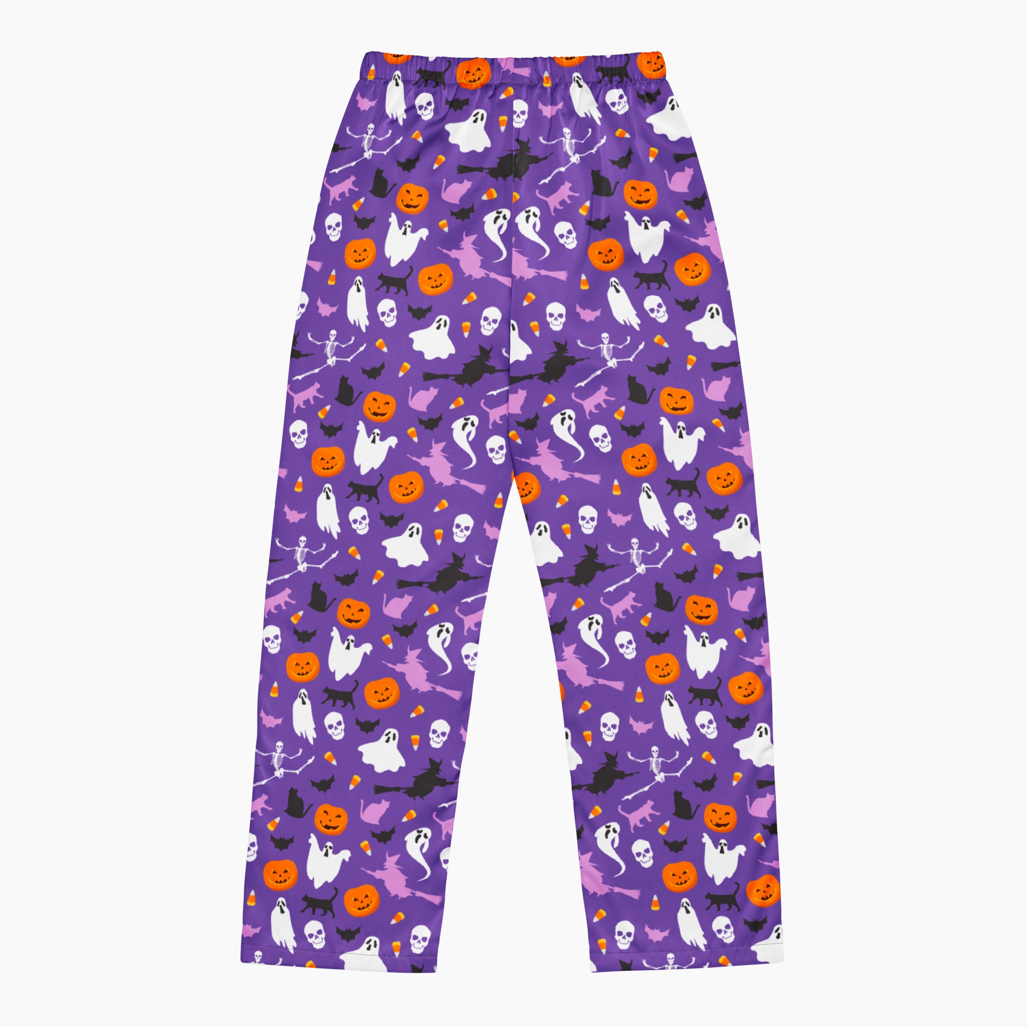 Back of purple Halloween-themed pajama pants with an all-over print of white ghosts, orange pumpkins, black bats, and purple witch, shown flat against a light gray background.