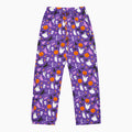 Purple Halloween-themed pajama pants with an all-over print of white ghosts, orange pumpkins, black bats, and purple witch, shown flat against a light gray background.