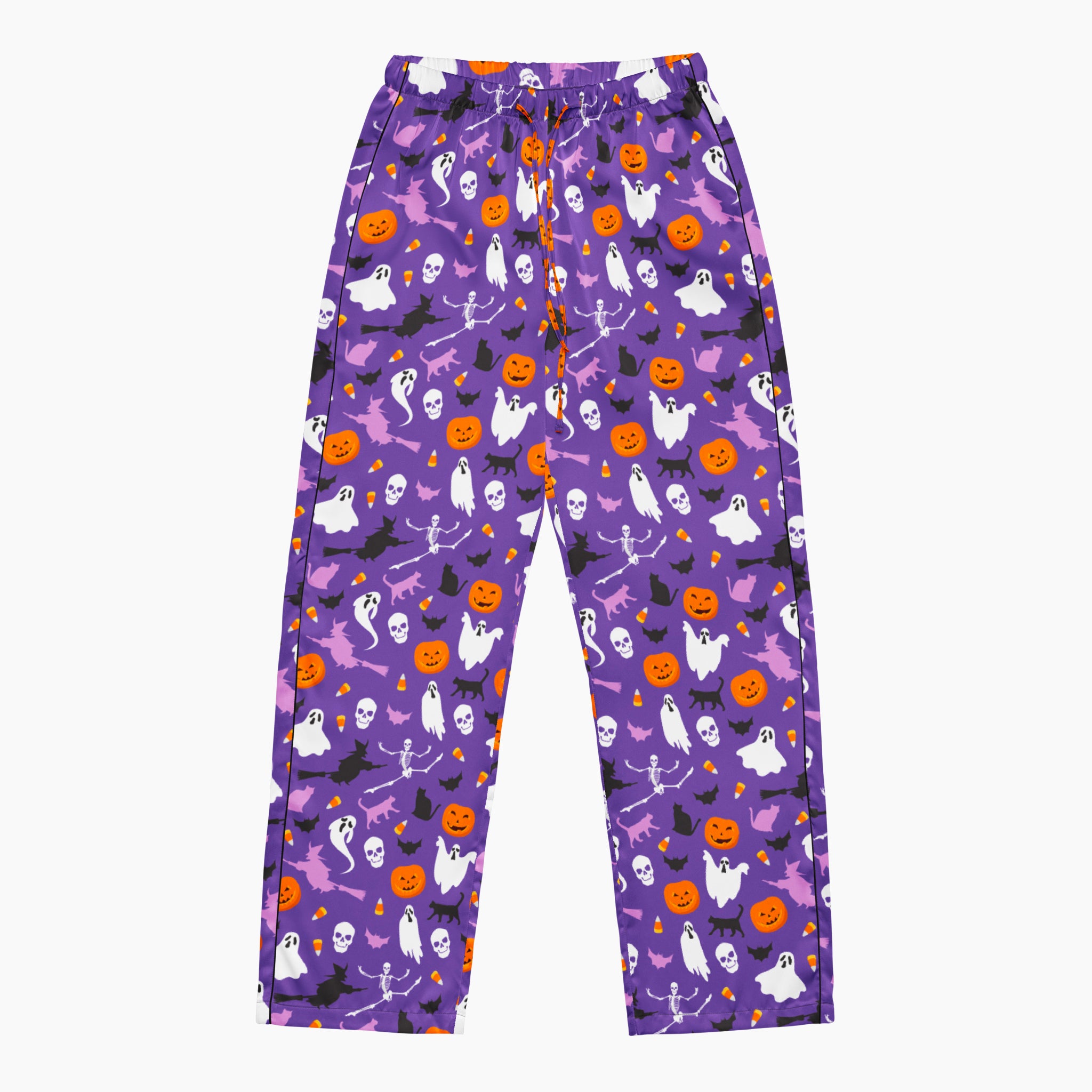Purple Halloween-themed pajama pants with an all-over print of white ghosts, orange pumpkins, black bats, and purple witch, shown flat against a light gray background.