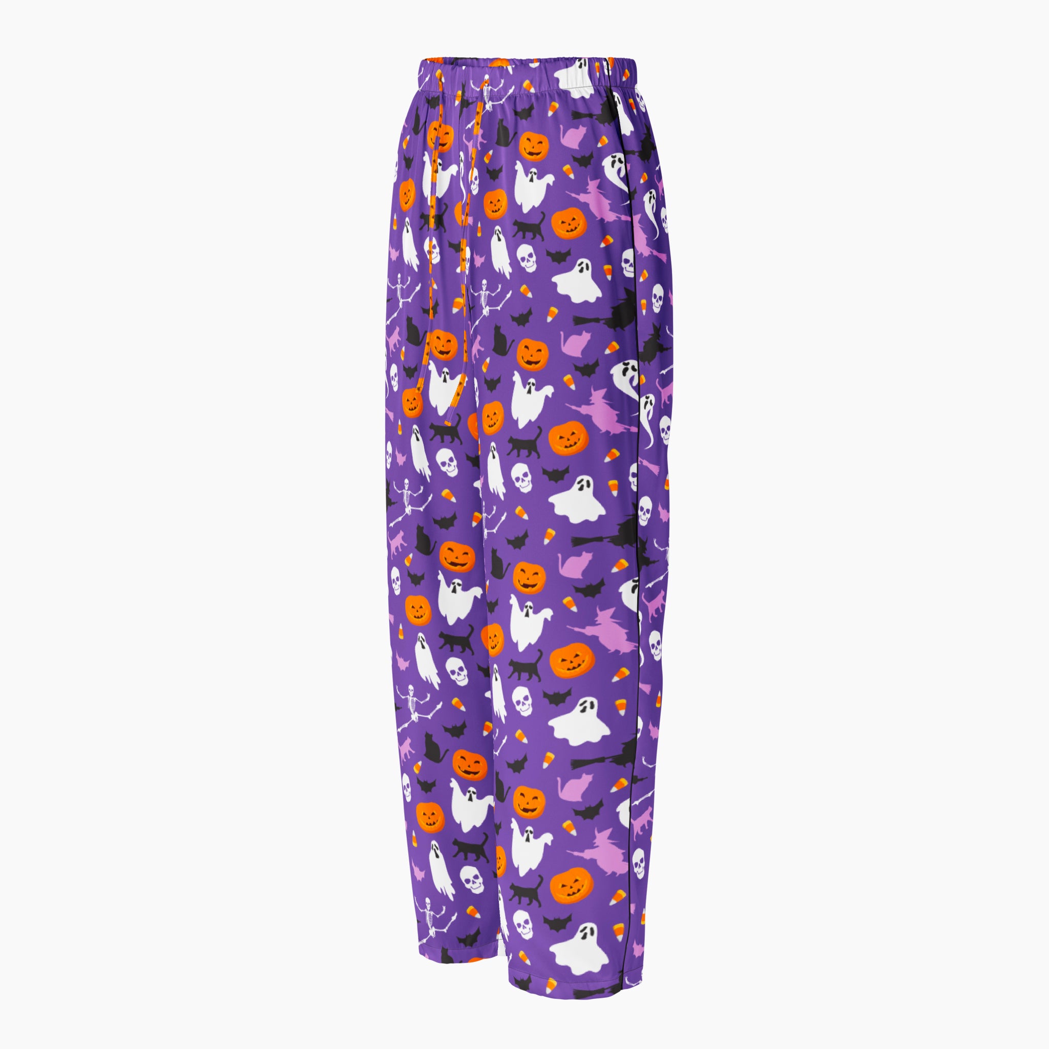 Side view of Purple Halloween-themed pajama pants with an all-over print of white ghosts, orange pumpkins, black bats, and purple witch, shown flat against a light gray background.