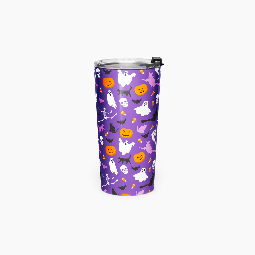 A purple travel tumbler with a Halloween pattern featuring white ghosts, orange pumpkins, black bats, and small white skulls, shown on a light gray background.