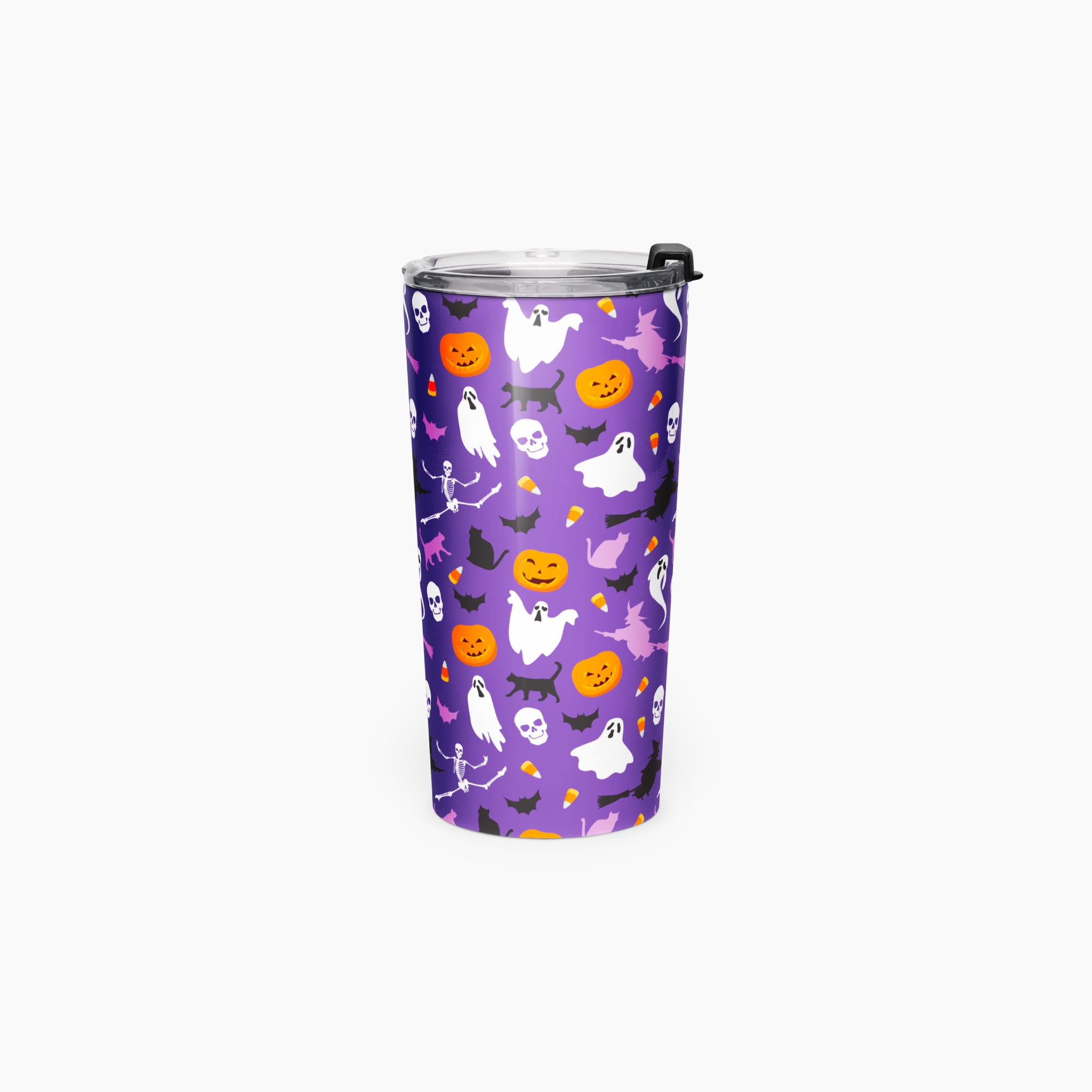 A purple travel tumbler with a Halloween pattern featuring white ghosts, orange pumpkins, black bats, and small white skulls, shown on a light gray background.