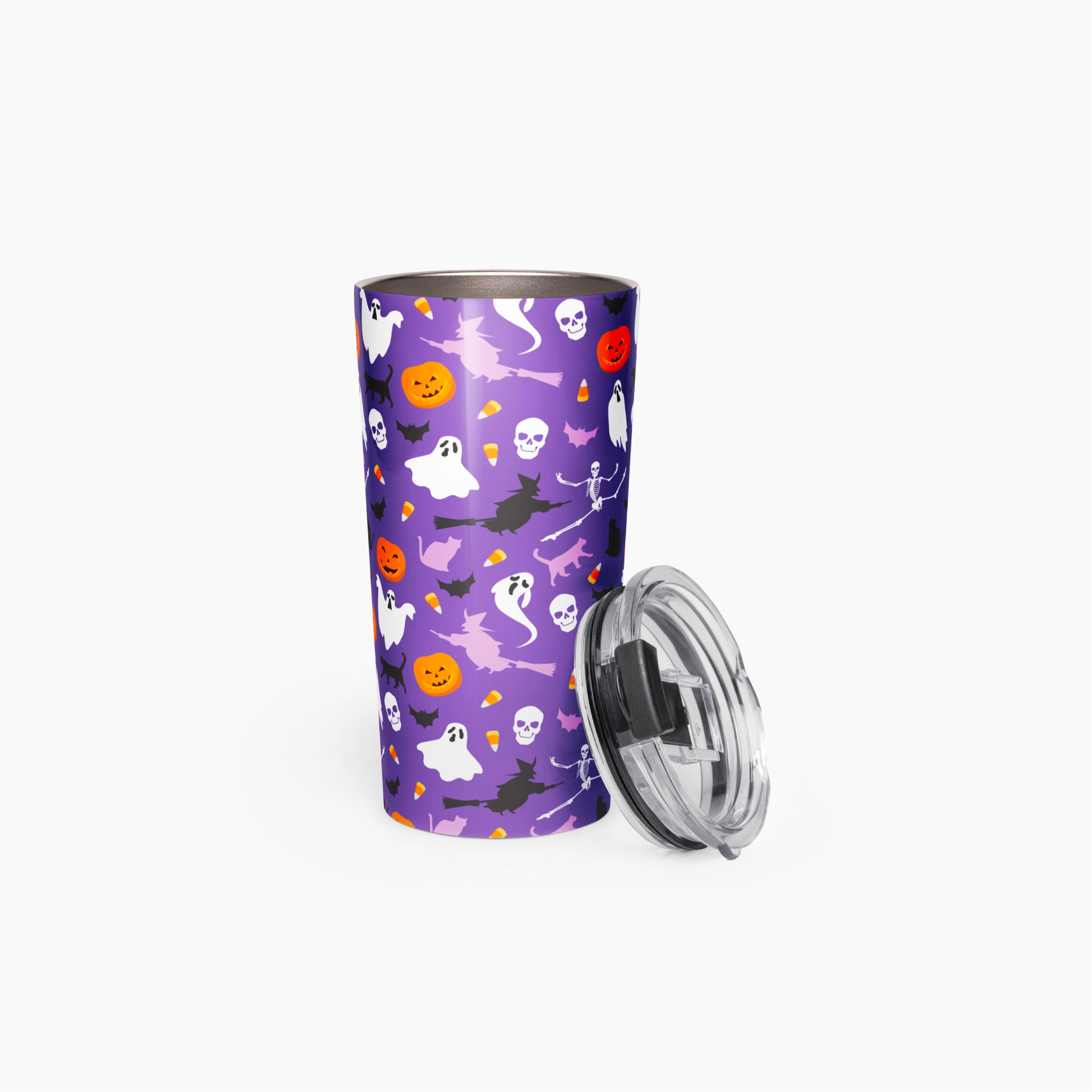 A purple tumbler with a Halloween pattern of ghosts, pumpkins, and bats, shown with a clear lid on a light gray background.