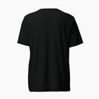 The plain black back of a short-sleeve t-shirt staged on a plain light grey background.