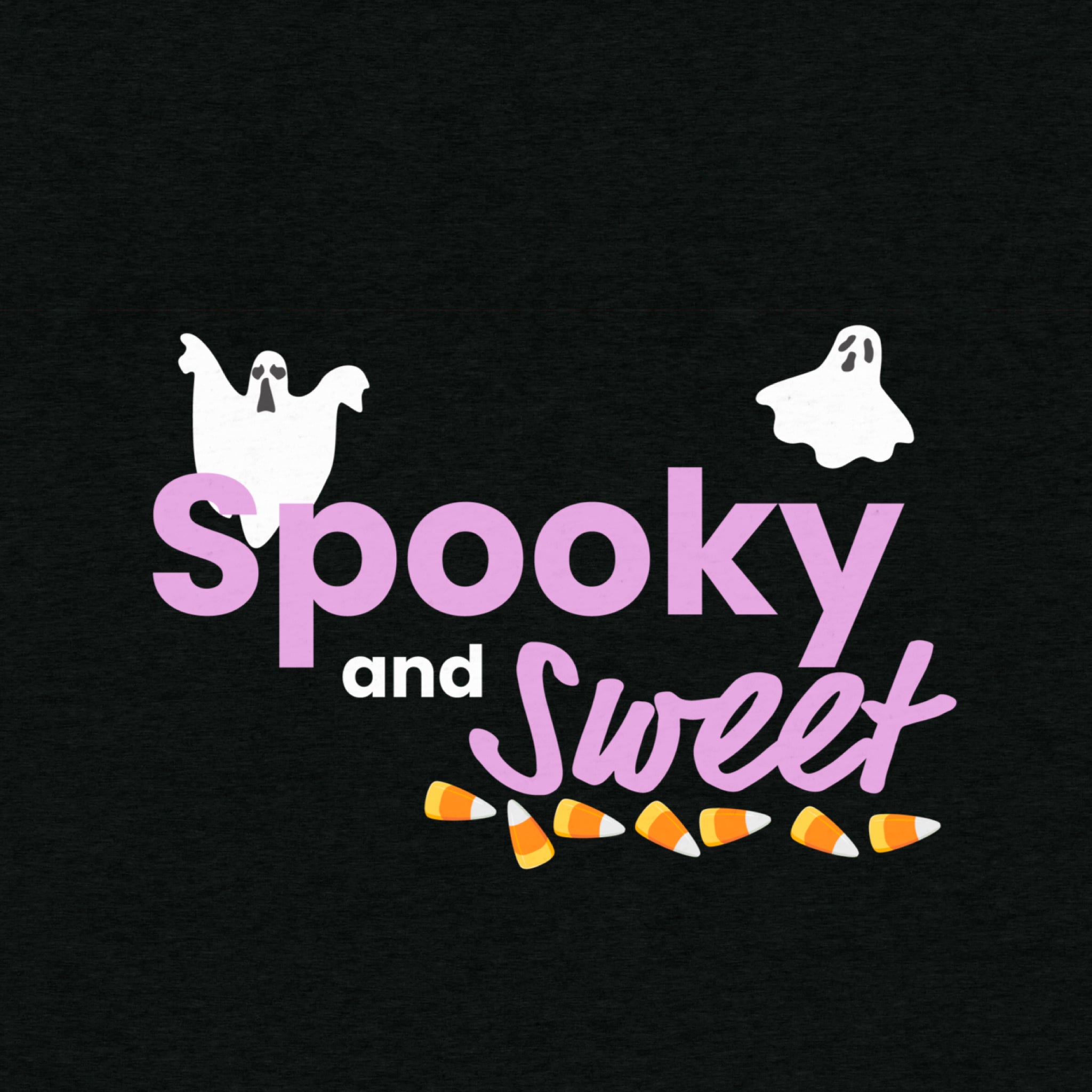 A closeup of a black short-sleeve t-shirt with purple text that says 'Spooky and Sweet' with decorative halloween graphics, white ghosts and a bottom border on the text of candy corn. 