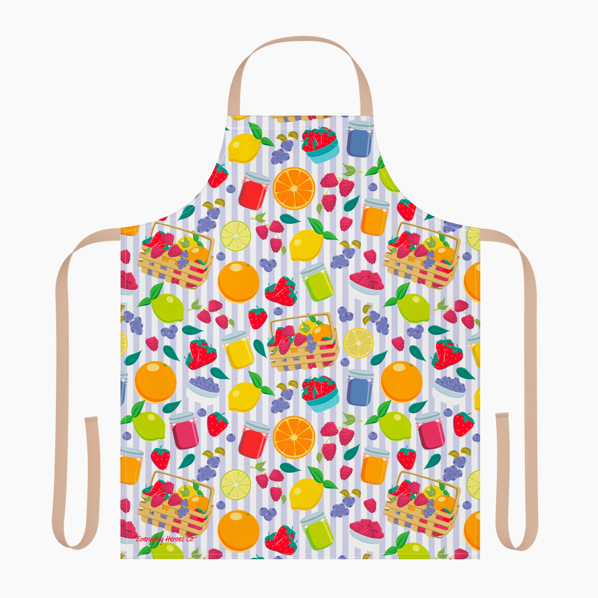 Colorful apron with a summer fruit and basket pattern on a white background