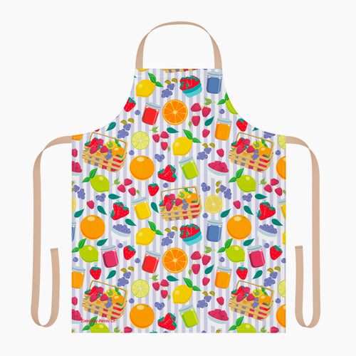 Colorful apron with a summer fruit and basket pattern on a white background