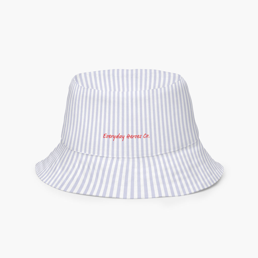 Blue and white striped bucket hat with 'Everyday Heroes Co.' text on a white background