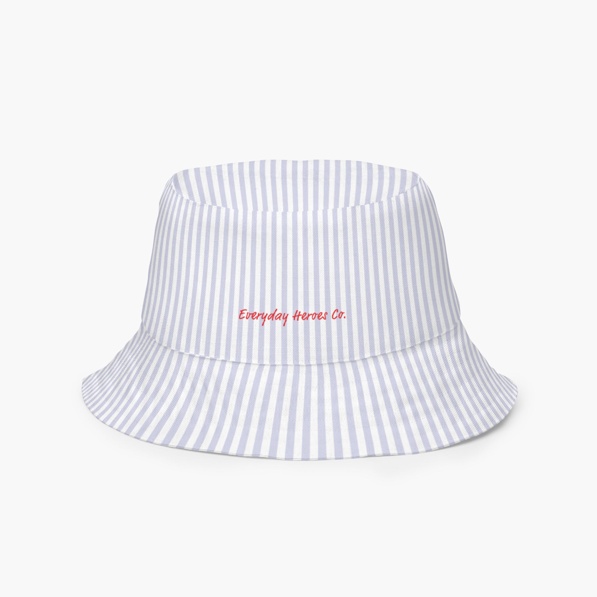 Blue and white striped bucket hat with 'Everyday Heroes Co.' text on a white background