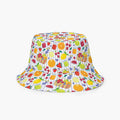 Reversible bucket hat with colorful summer fruit pattern on a white background