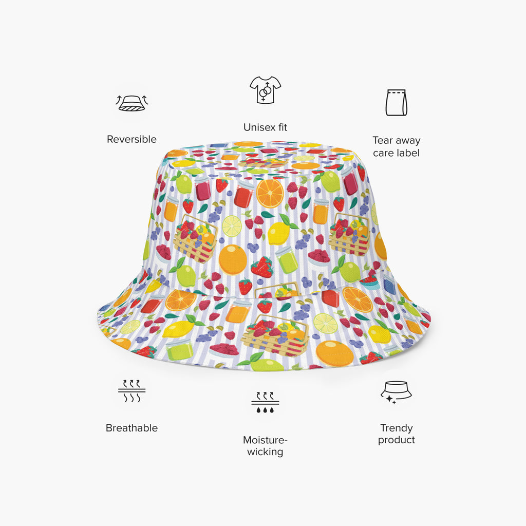 Reversible bucket hat with colorful summer fruit pattern on a white background