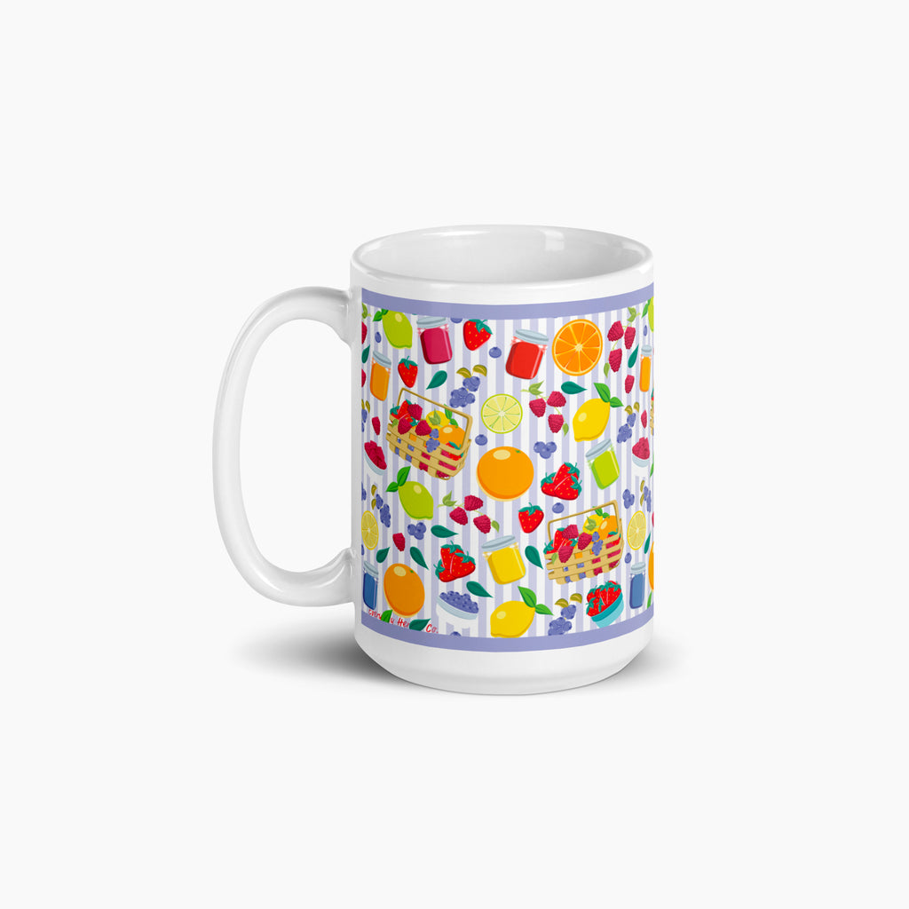 White mug with colorful summer fruit pattern on a white background