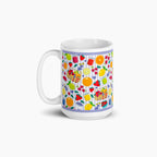 White mug with colorful summer fruit pattern on a white background