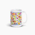 White mug with colorful summer fruit pattern on a white background