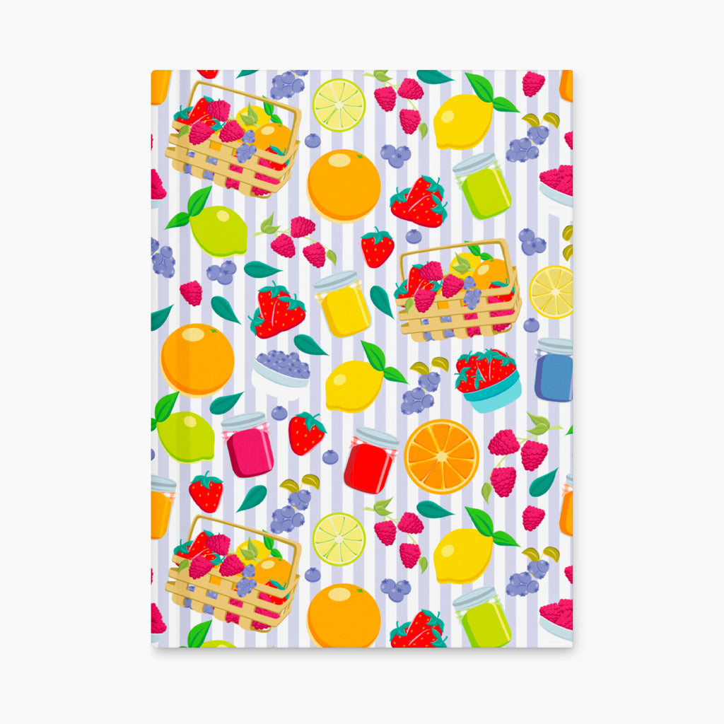 Hardcover journal with summer fruit patterned front cover design on a white background