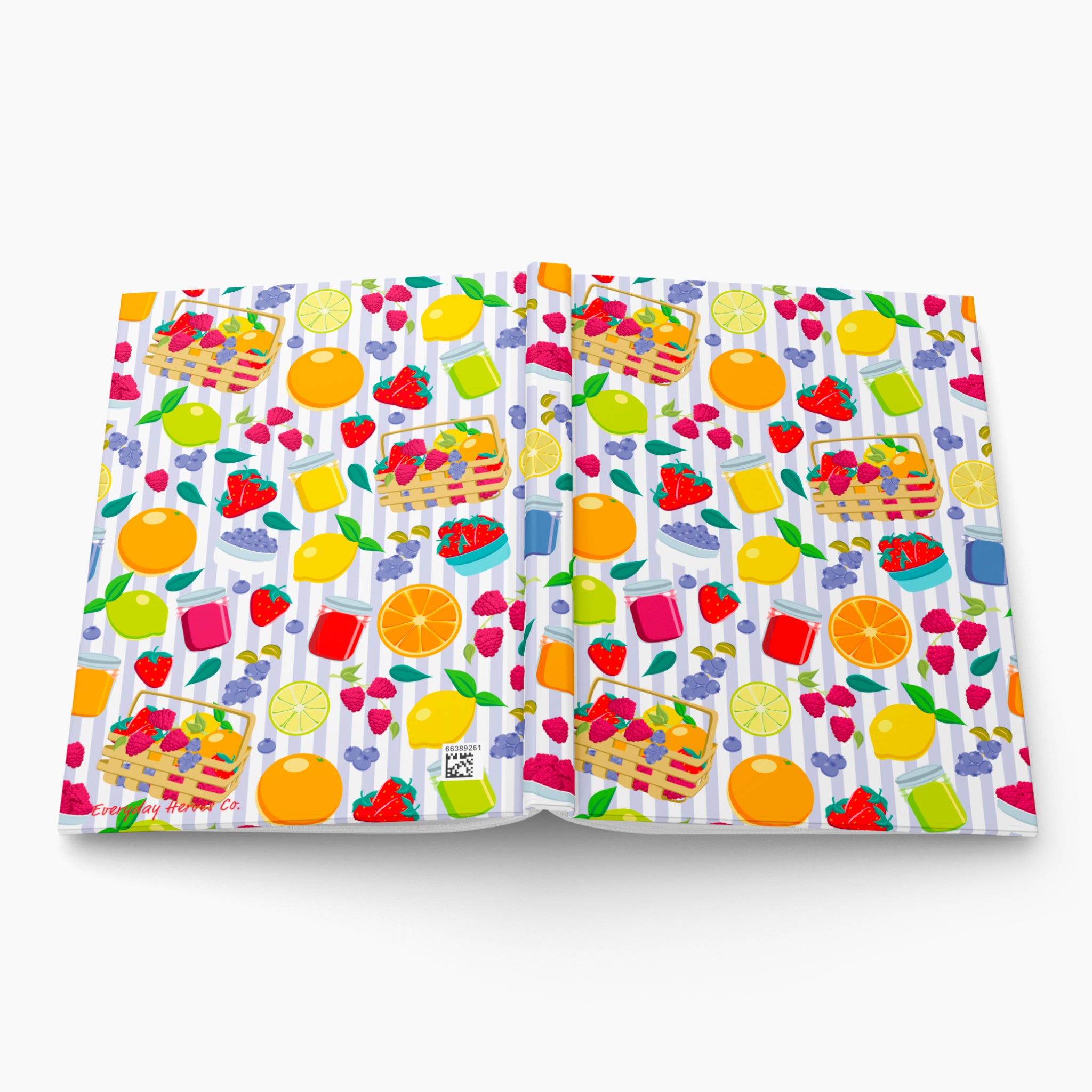 Hardcover journal with summer fruit patterned cover design on a white background