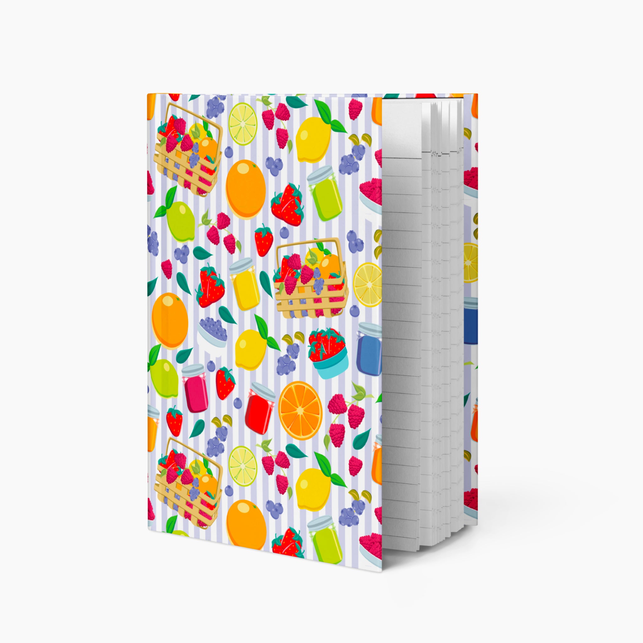 Hardcover journal with summer fruit patterned cover design and lined pages on a white background