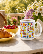 Colorful mug with custom printed Summer fruit pattern on a marble table with a croissant and berries, outdoor setting.