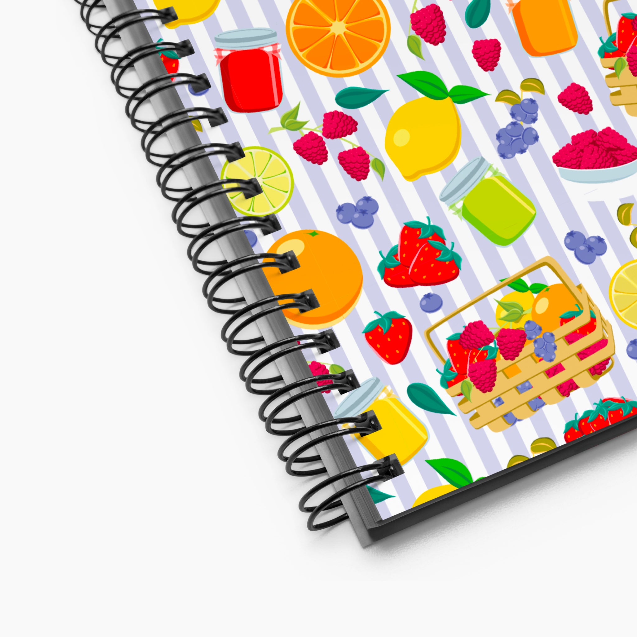 Spiral Notebook exterior, close-up with colorful summer fruit pattern on a white background