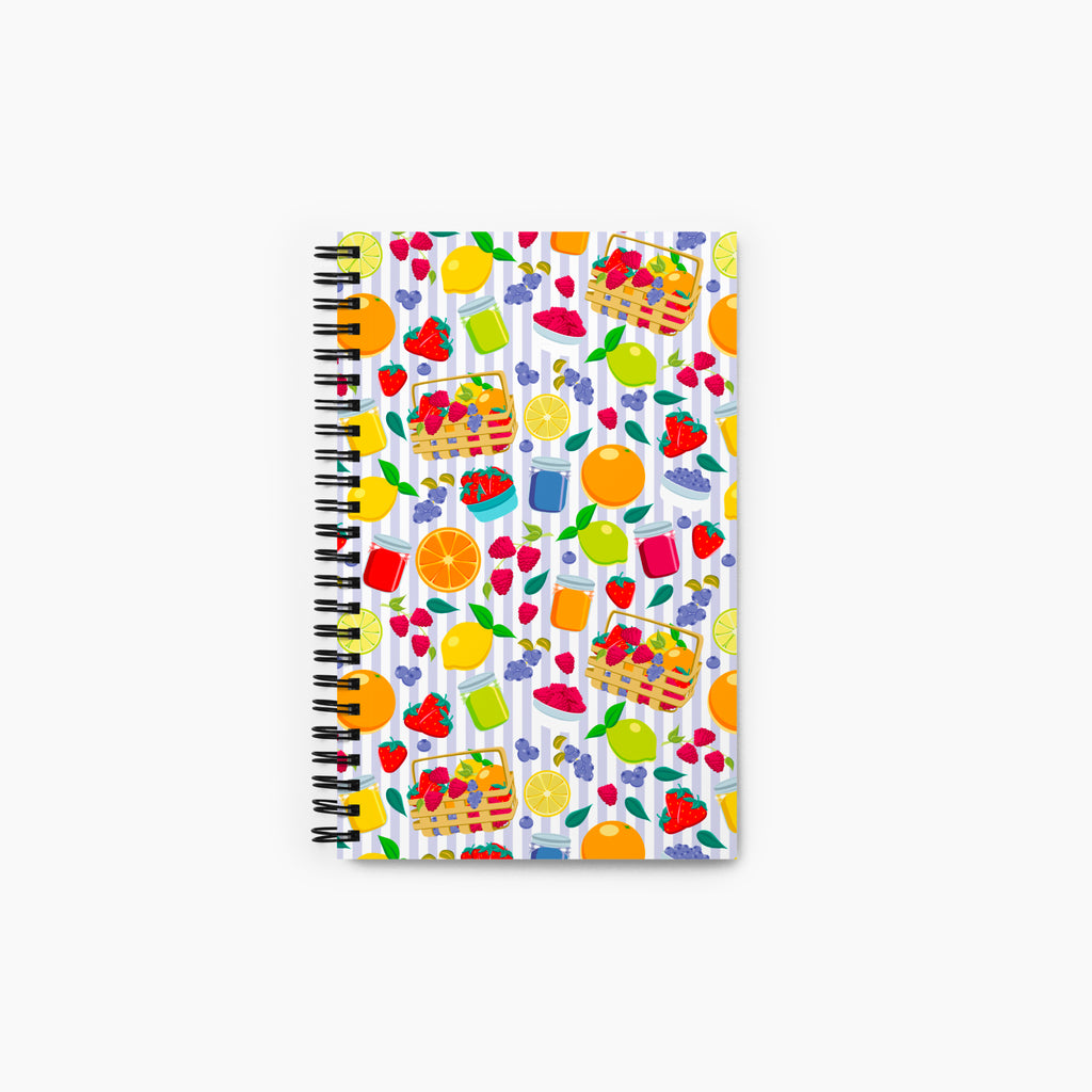 Spiral Notebook with colorful summer fruit pattern on a white background
