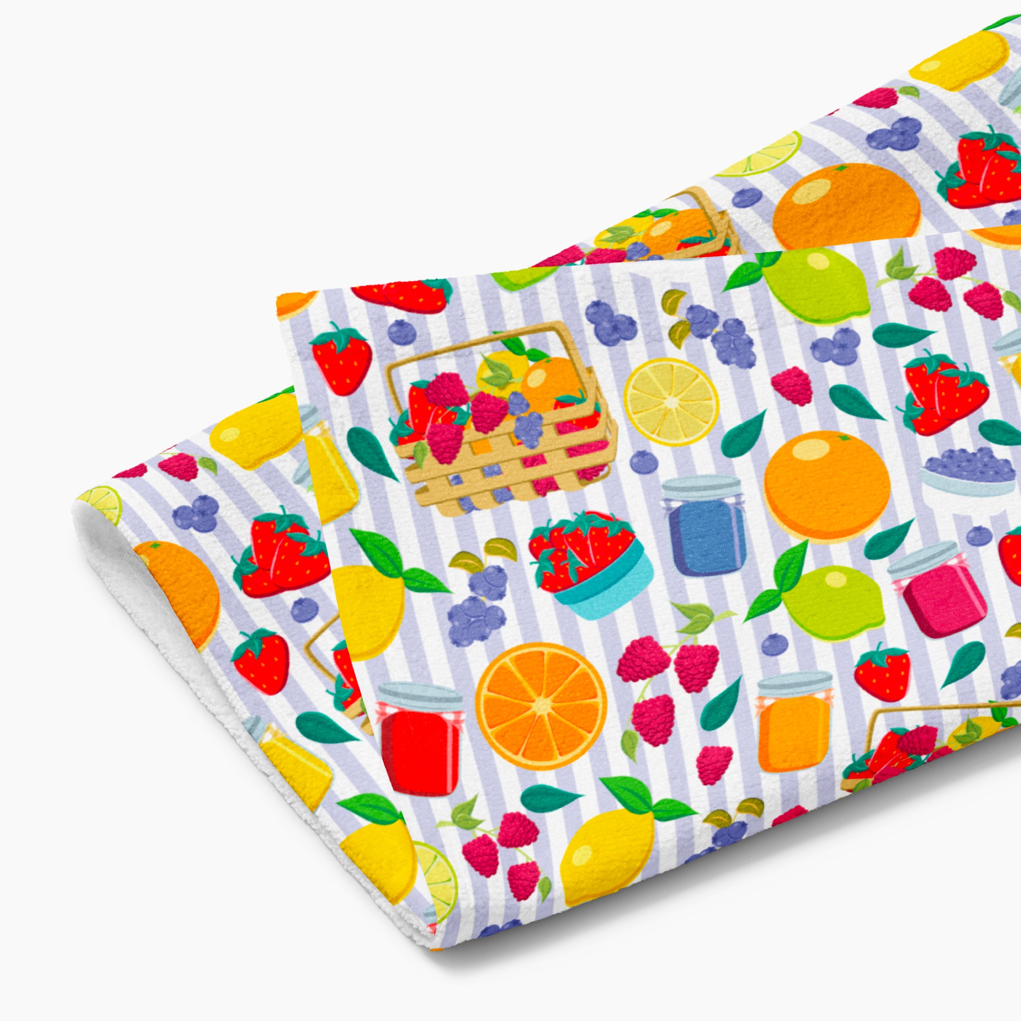 Cloth kitchen hand towel with summer fruits pattern on a white background
