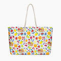 Tote bag with summer-fruit-themed pattern on a striped light purple background