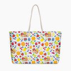 Tote bag with summer-fruit-themed pattern on a striped light purple background