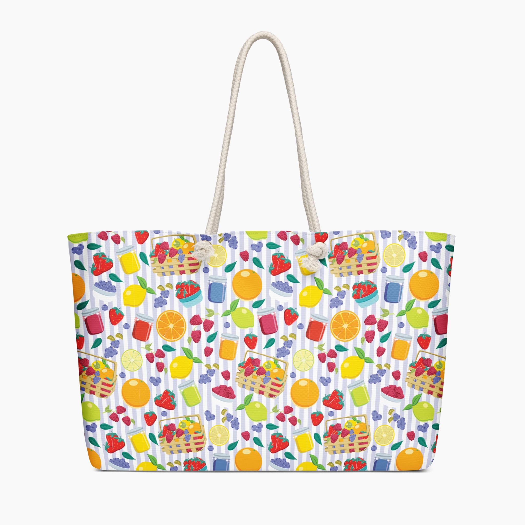 Tote bag with summer-fruit-themed pattern on a striped light purple background
