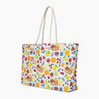 Tote bag with summer-fruit-themed pattern on a striped light purple background