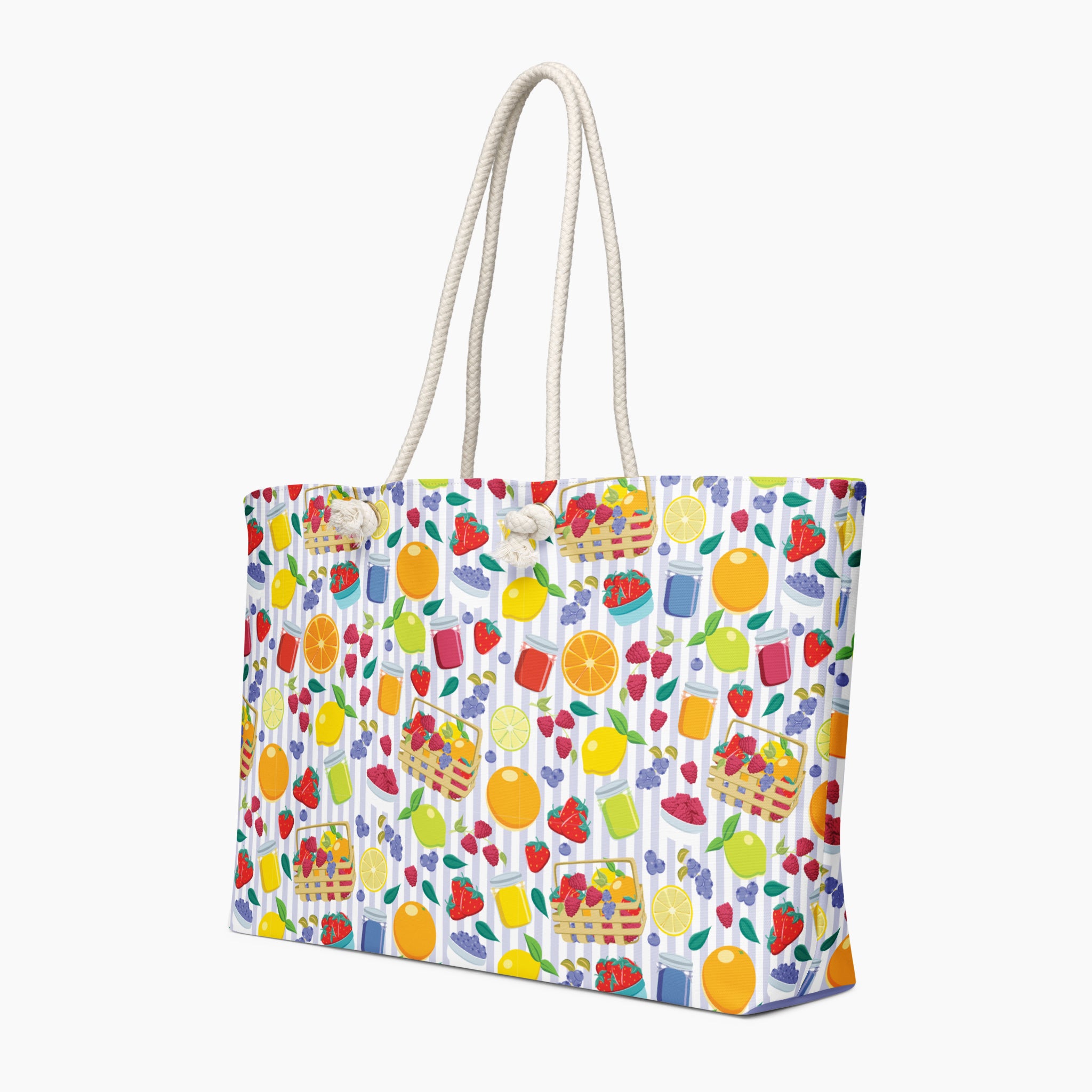 Tote bag with summer-fruit-themed pattern on a striped light purple background
