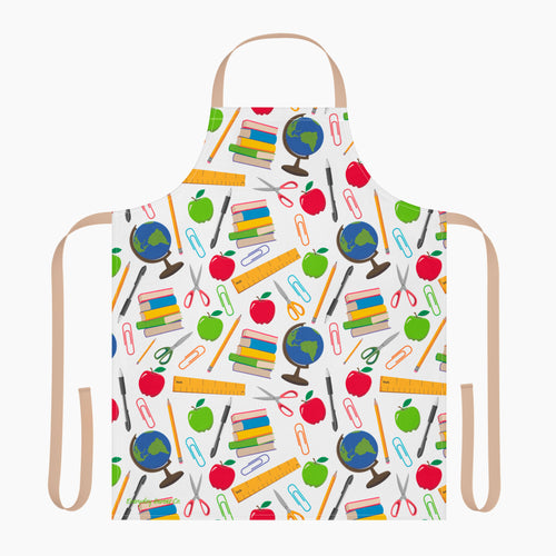 Apron with teacher-themed pattern on a white background