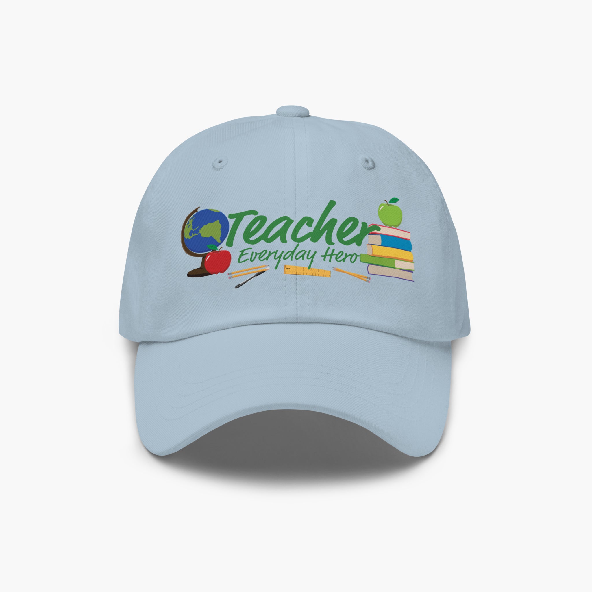 Light blue cap with 'Teacher Everyday Hero' text and teacher-themed graphics on a white background