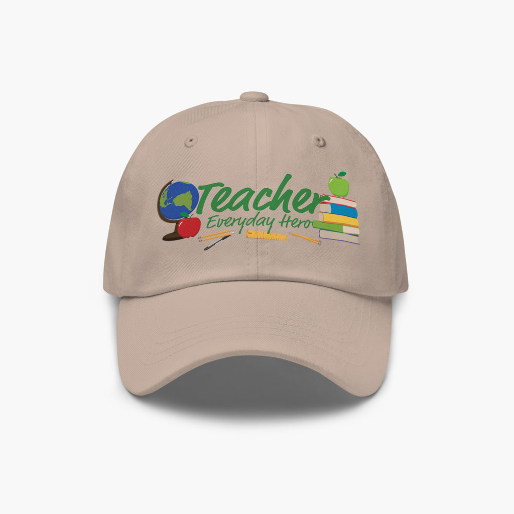 stone colored cap with 'Teacher Everyday Hero' text and teacher-themed graphics on a white background