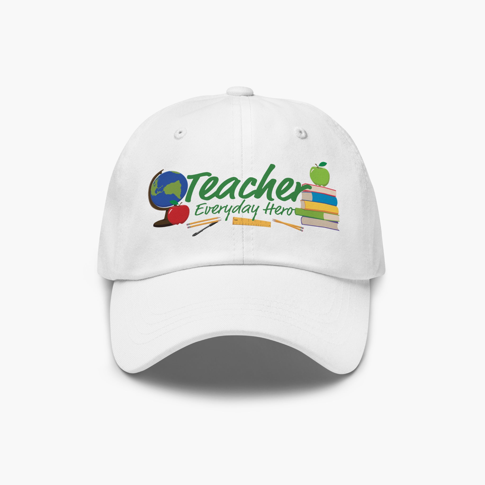 White cap with 'Teacher Everyday Hero' text and teacher-themed graphics on a white background