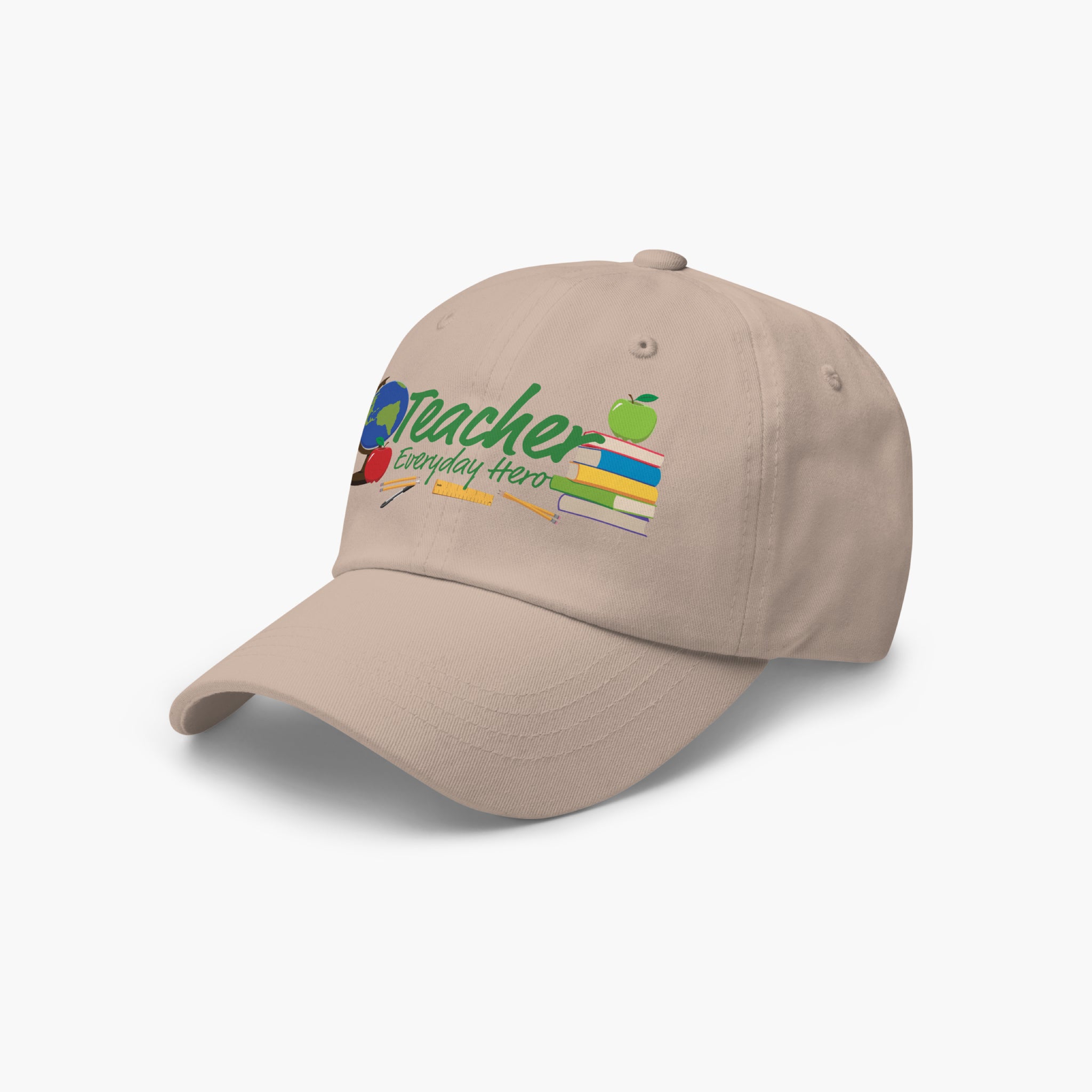 Sandstone colored cap with 'Teacher Everyday Hero' text and teacher-themed graphics on a white background