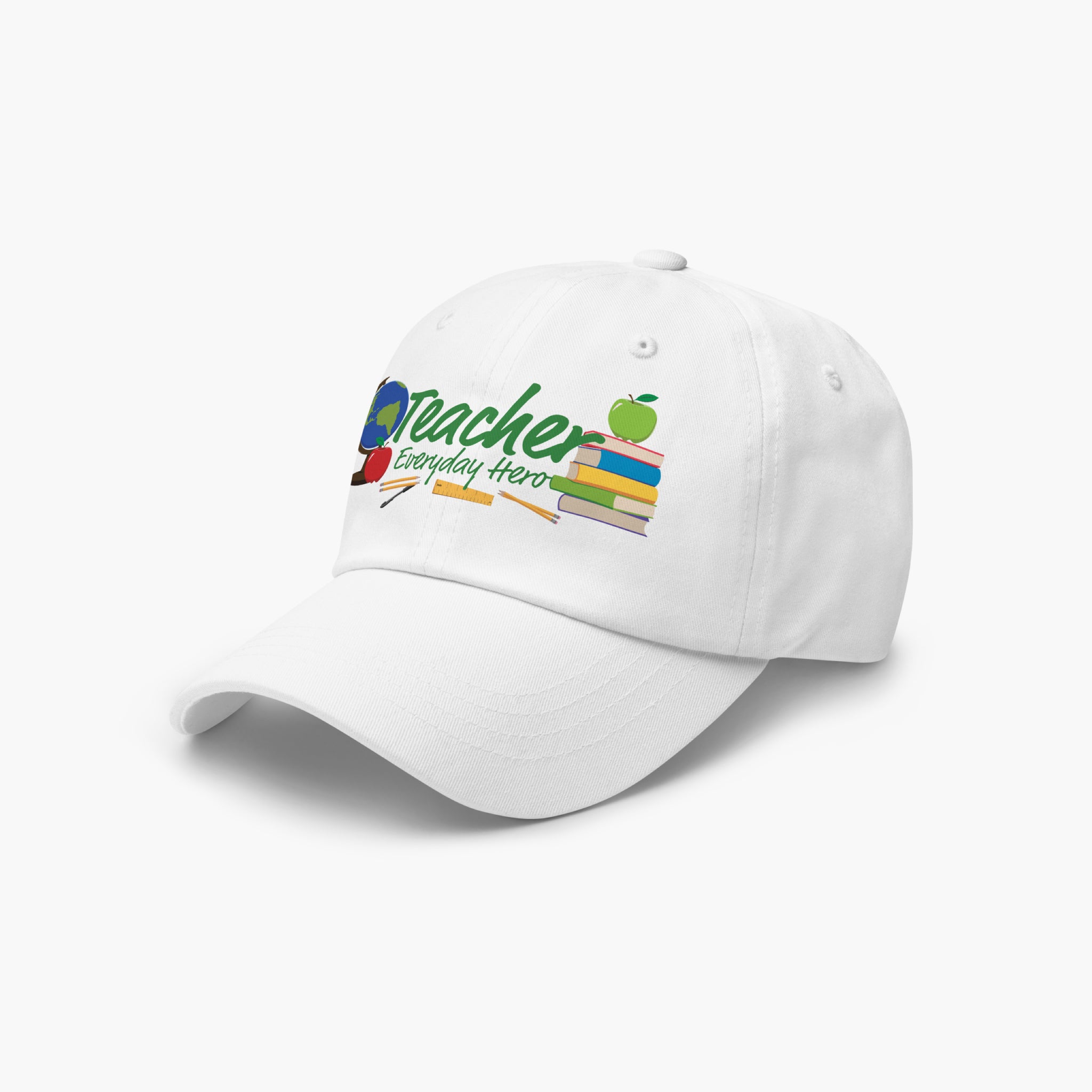 White cap with 'Teacher Everyday Hero' text and teacher-themed graphics on a white background