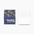 Card front and inside with colorful school supplies pattern and 'Teacher Everyday Hero' text on a white background