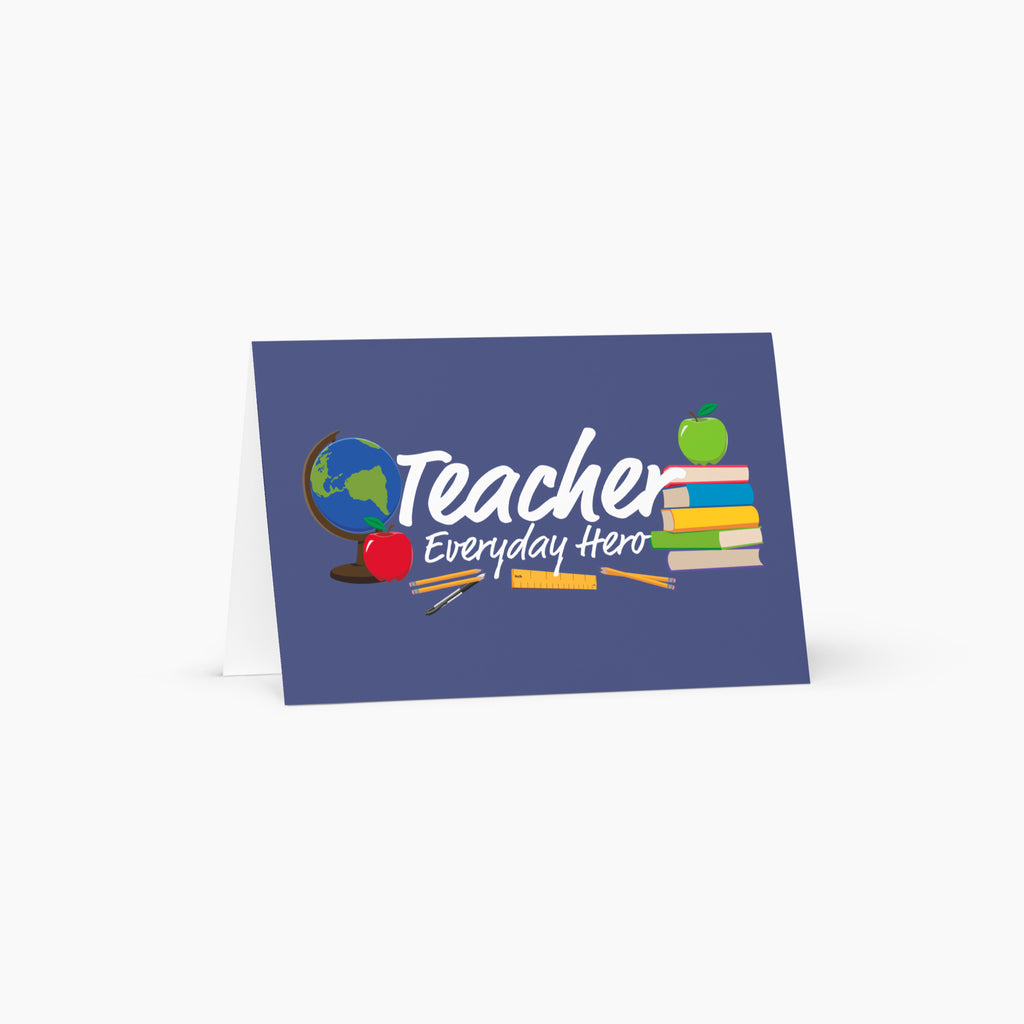 Card with 'Teacher Everyday Hero' text and teacher-themed graphics on a white background